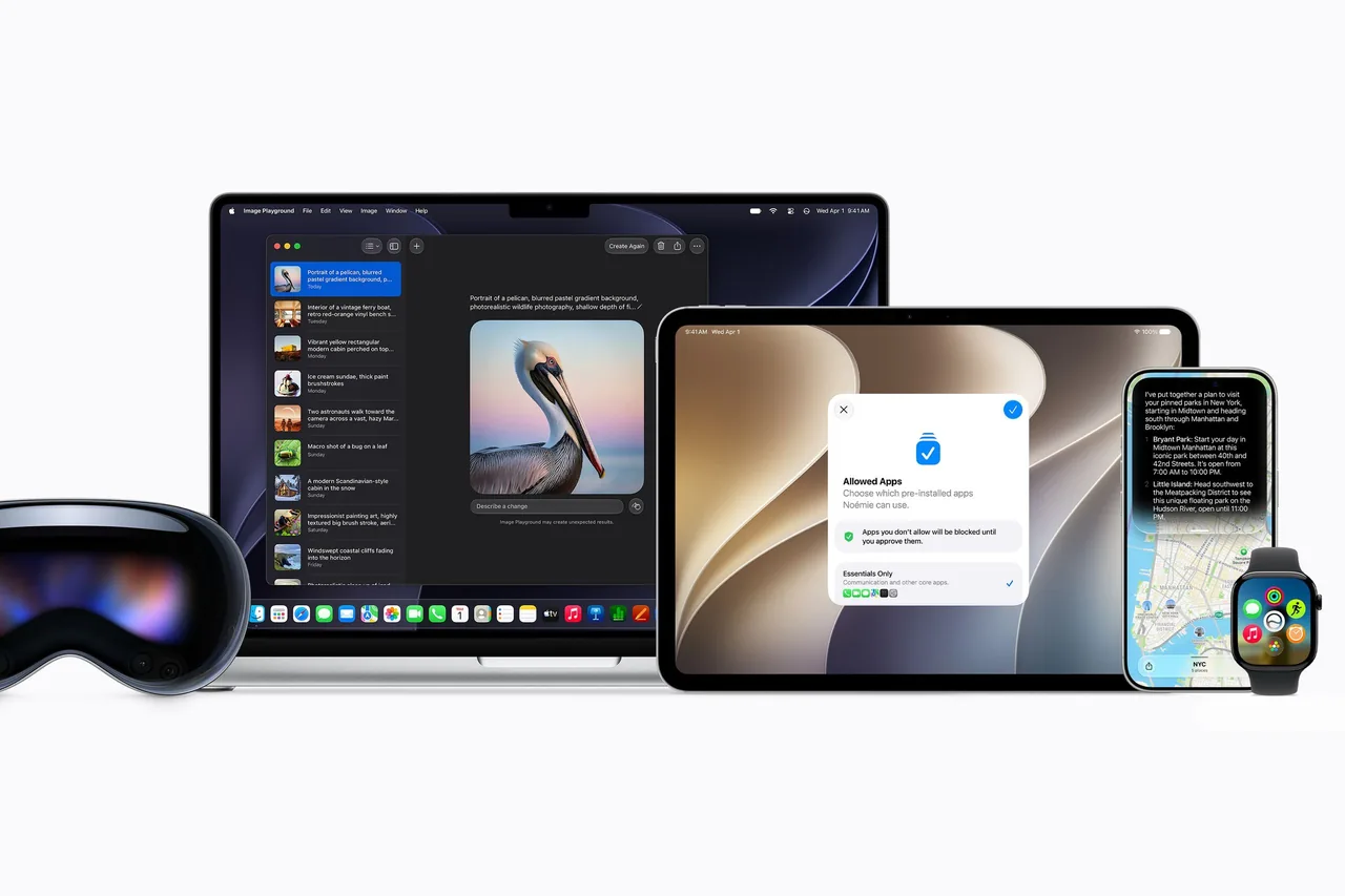 Varios dispositivos Apple —Vision Pro, MacBook, iPad, iPhone y Apple Watch— muestran distintas interfaces y apps.