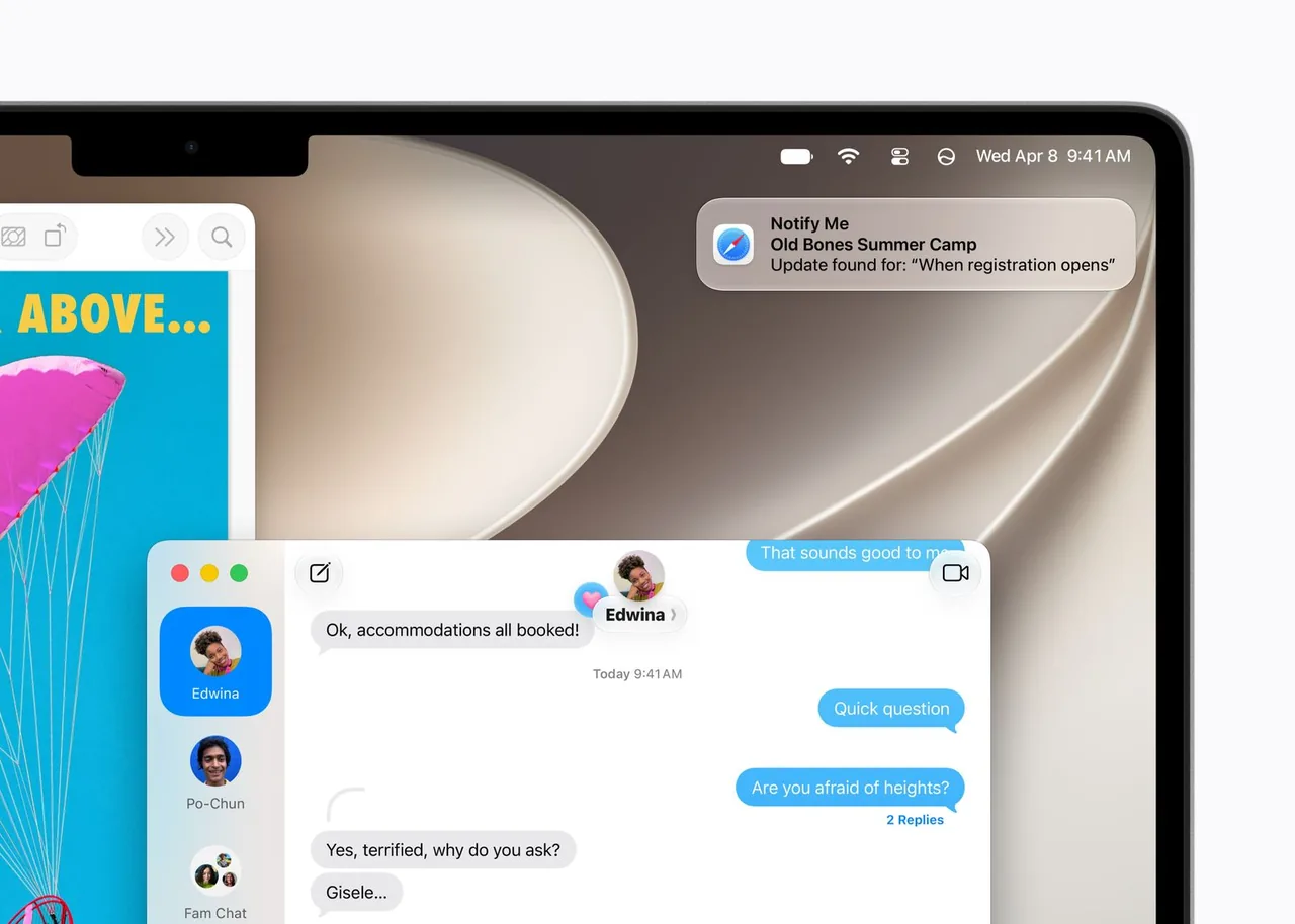 Pantalla de un iPad con varias ventanas abiertas de Safari, Mensajes y una notificación de calendario.