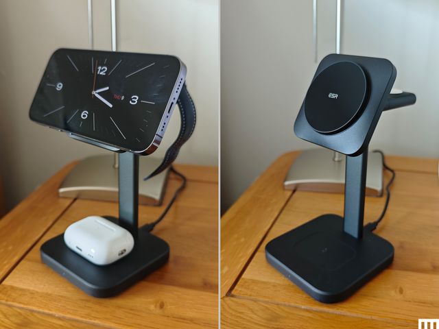 EST Qi2 3in1 Wireless Charging Station a black stand with circular pad to wireless charge a phone