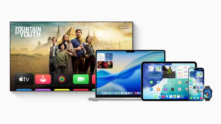 Varios dispositivos Apple, incluido un Apple TV y un MacBook, junto a un iPad, un iPhone y un Apple Watch.